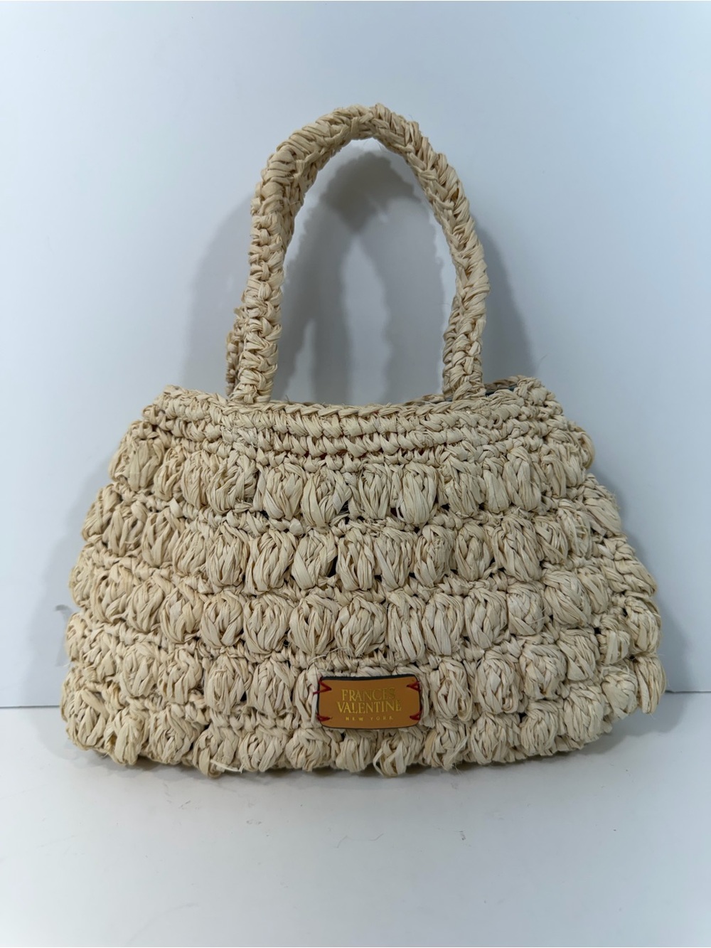 Frances Valentine Mini Woven Straw Raffia Top Handle Bag Floral Lined